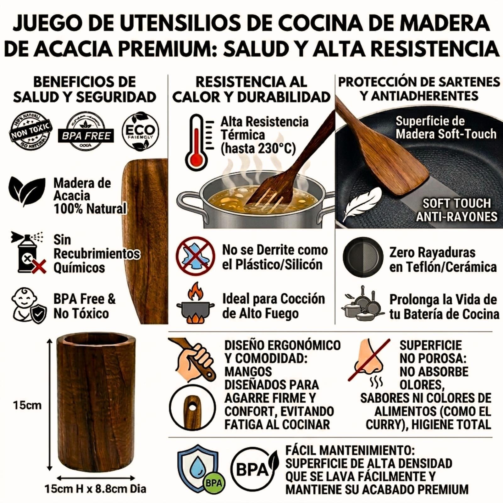 Utensilios de Cocina de Madera 11 Piezas de Acacia para Cocinar: Espátula, Cucharas, Tenedor, Incluye Cepillo y Soporte de Madera - Imagen 3