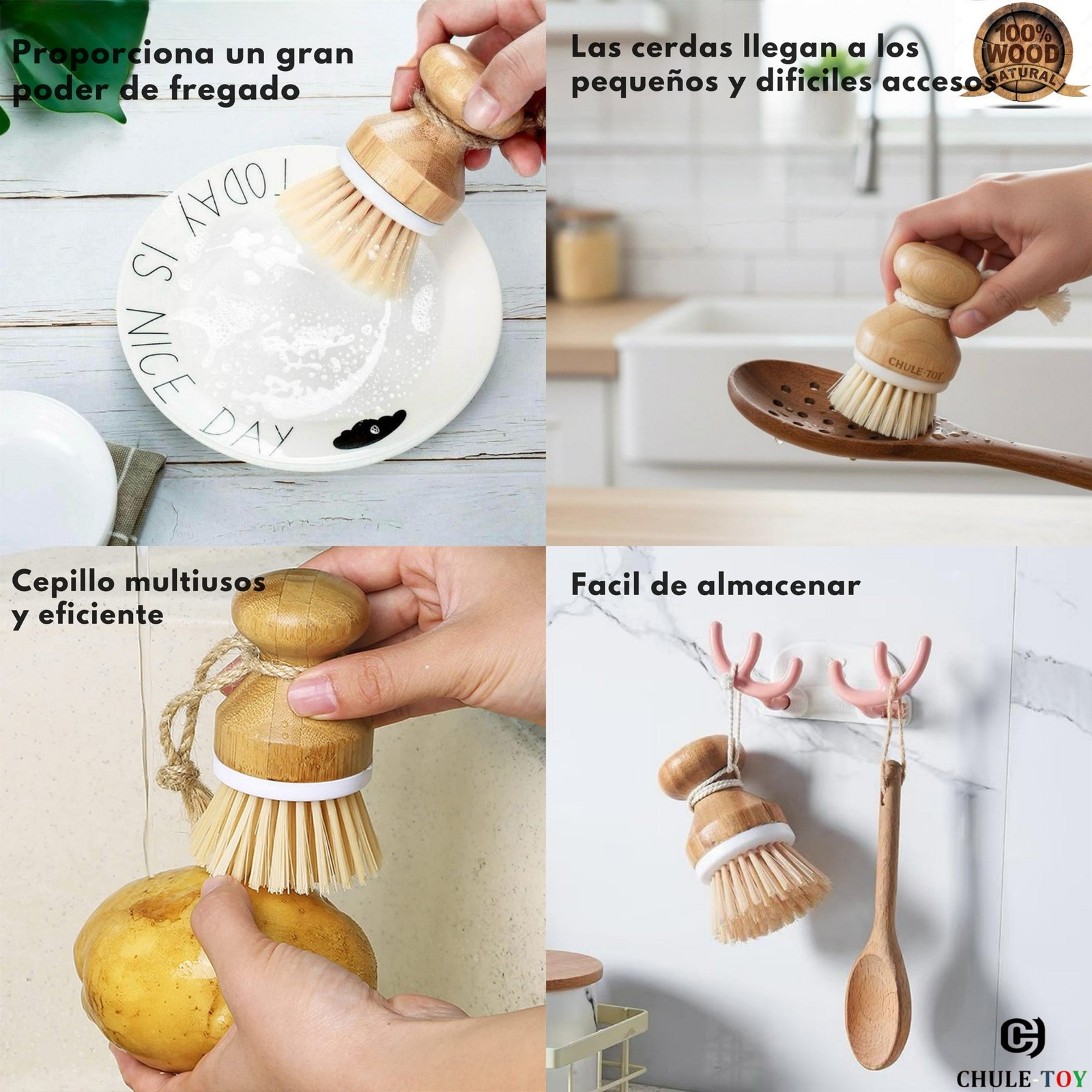 Utensilios de Cocina de Madera 11 Piezas de Acacia para Cocinar: Espátula, Cucharas, Tenedor, Incluye Cepillo y Soporte de Madera - Imagen 4
