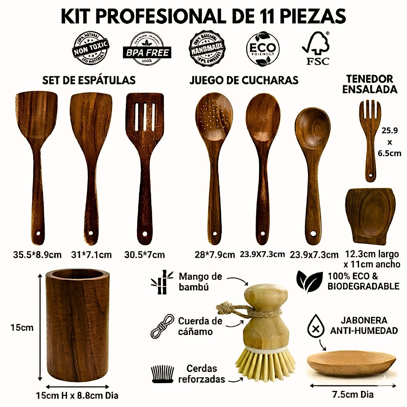 Utensilios de Cocina de Madera 11 Piezas de Acacia para Cocinar: Espátula, Cucharas, Tenedor, Incluye Cepillo y Soporte de Madera - Imagen 2
