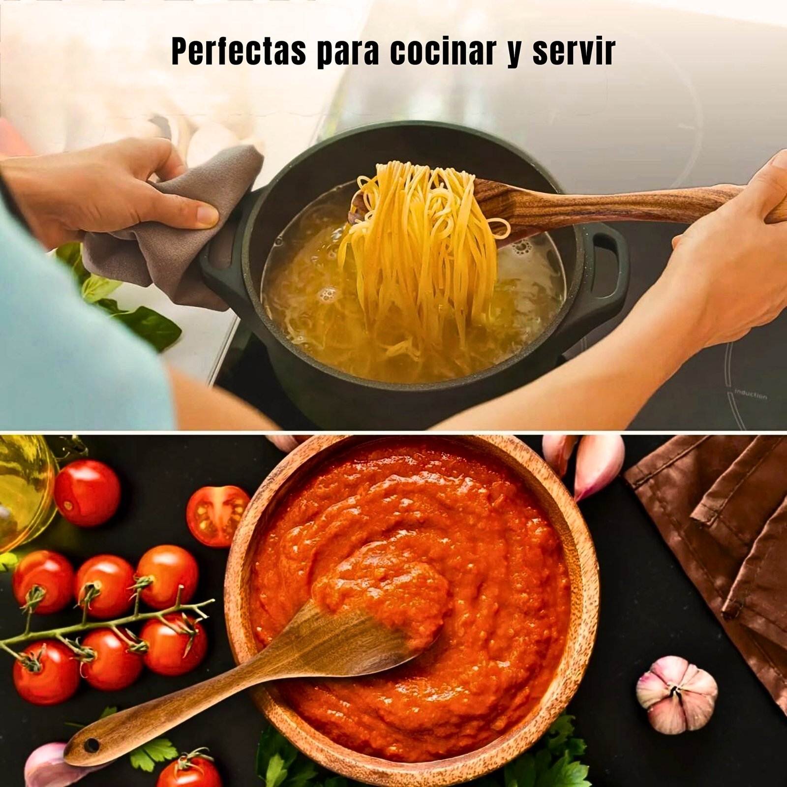 Utensilios de Cocina de Madera 11 Piezas de Acacia para Cocinar: Espátula, Cucharas, Tenedor, Incluye Cepillo y Soporte de Madera - Imagen 8
