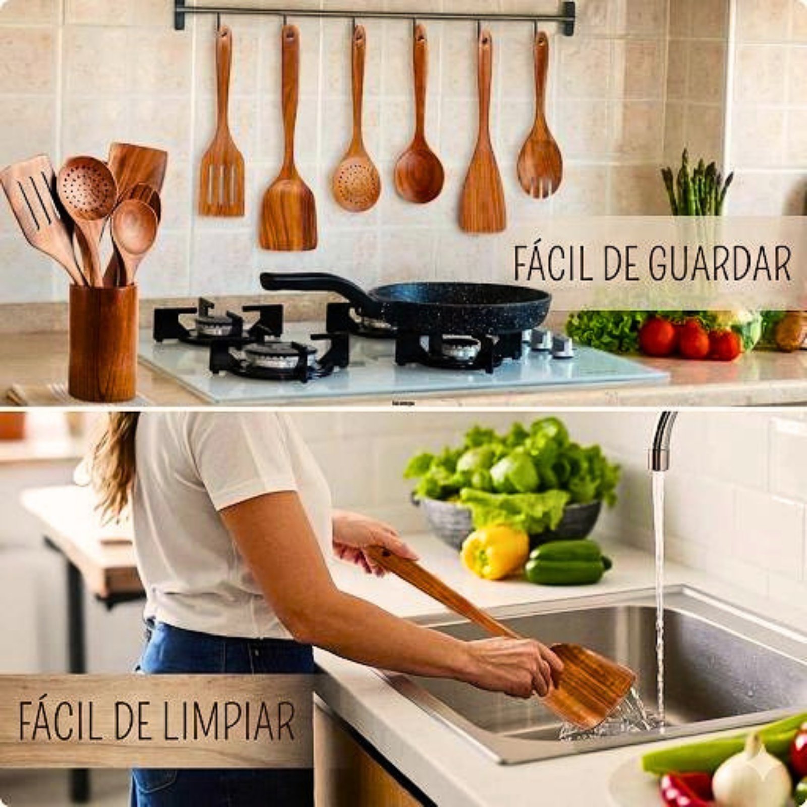 Utensilios de Cocina de Madera 11 Piezas de Acacia para Cocinar: Espátula, Cucharas, Tenedor, Incluye Cepillo y Soporte de Madera - Imagen 7