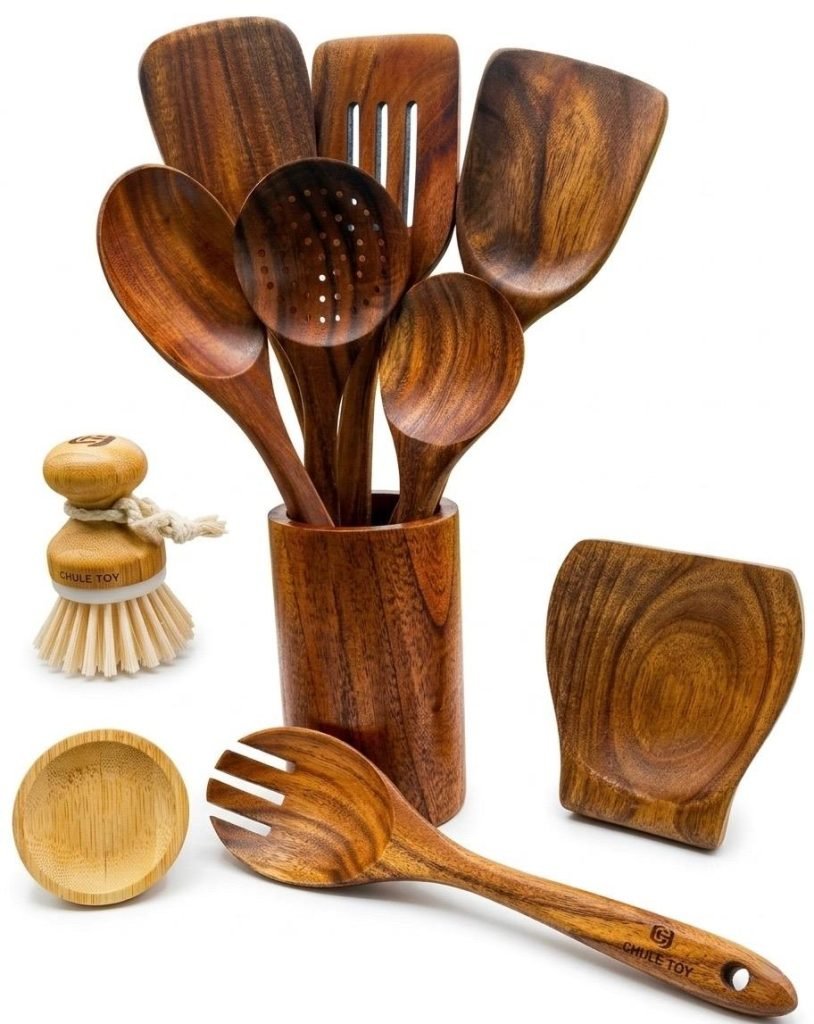 Utensilios de Cocina de Madera 11 Piezas de Acacia para Cocinar: Espátula, Cucharas, Tenedor, Incluye Cepillo y Soporte de Madera